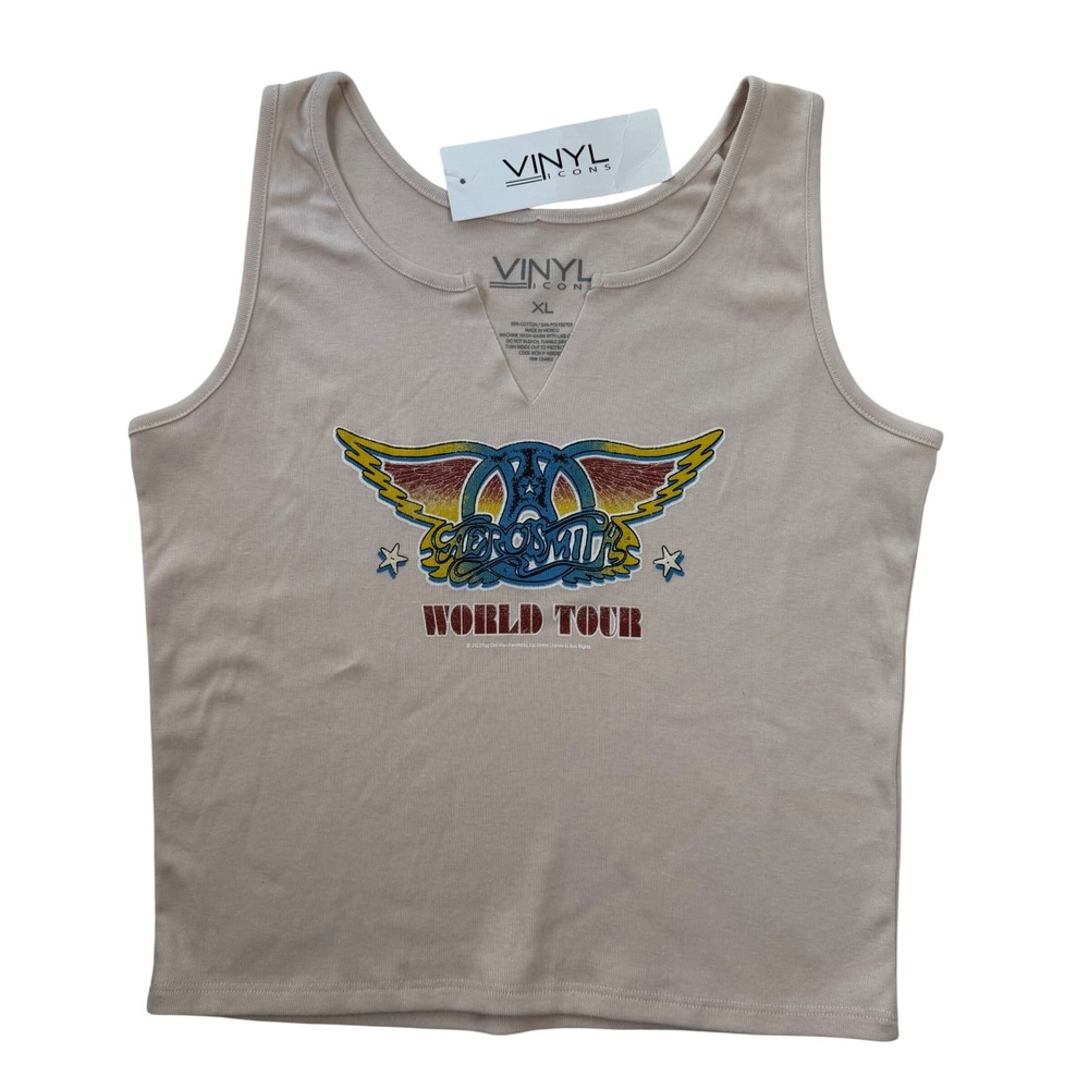 Vinyl Icons Aerosmith World Tour Graphic Tank Top Women XL Tan Ribbed NWT